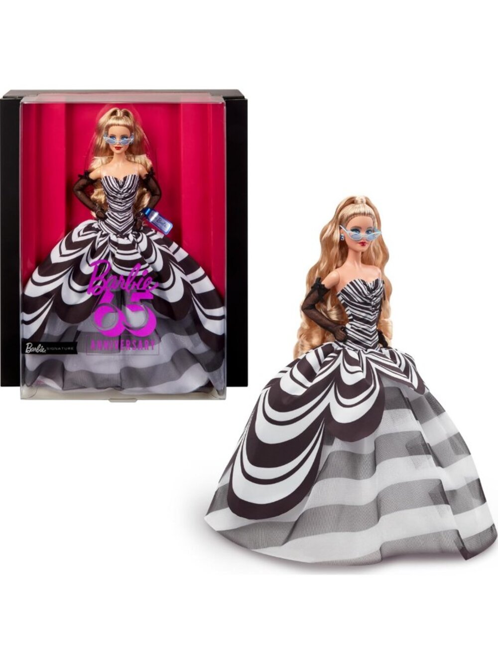 65th Anniversary Collectible Doll, Blonde Hair, Black & White Gown, Gem Earrings